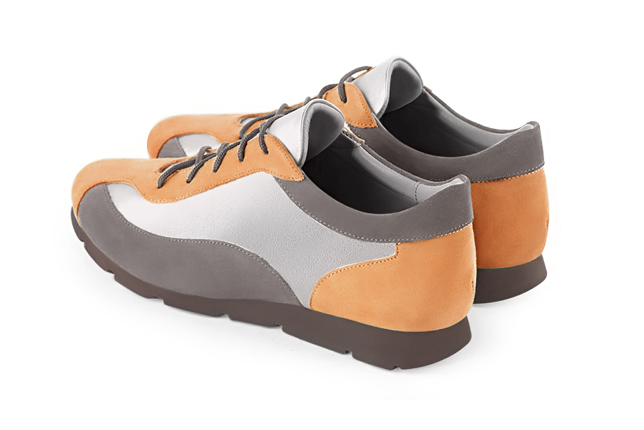 Marigold orange, light silver and pebble grey women's three-tone elegant sneakers. Round toe. Flat rubber soles. Rear view - Florence KOOIJMAN